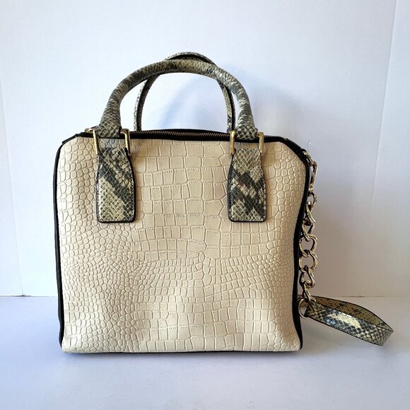 Marc Fisher Leather Shoulder Bag, "Kyra" Cream and Black, w/ Snakeskin Print New - Picture 12 of 14